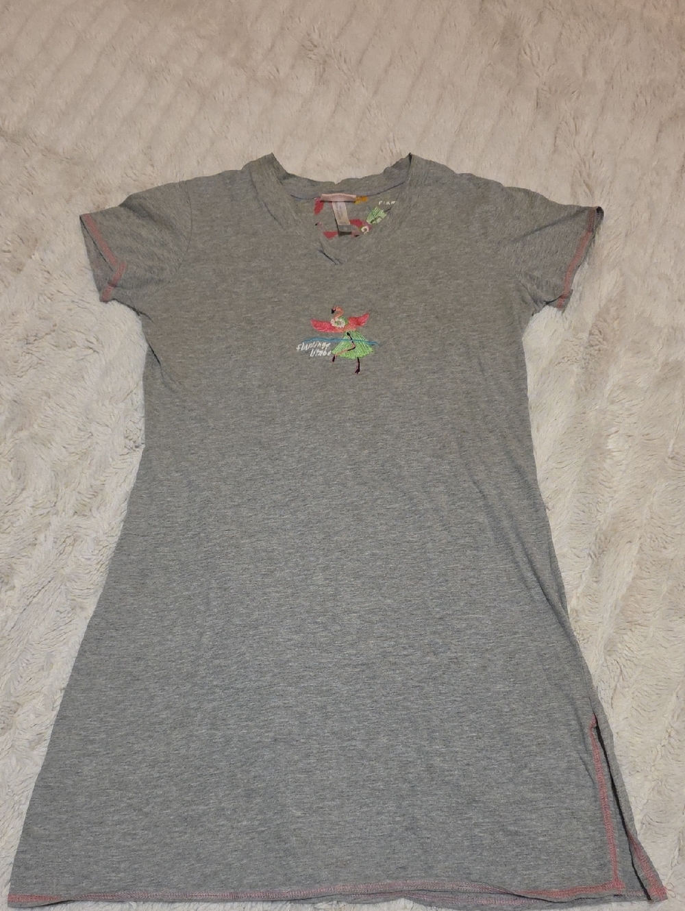Gray Short Sleeve Nightshirt with Flamingo Embroidery